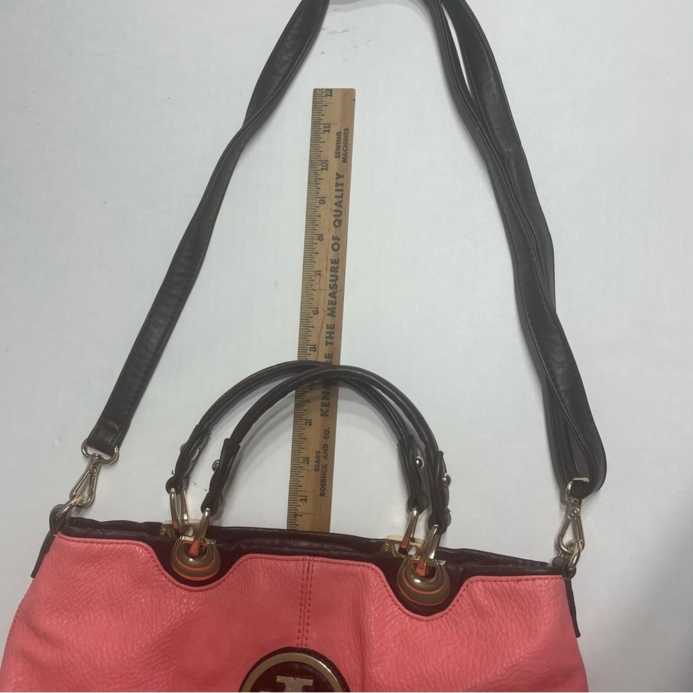 WOMENS TOTE SATCHEL HANDBAG coral FAUX LEATHER DOUBLE STRAPS. Pre-owned. Flaws - Picture 12 of 16